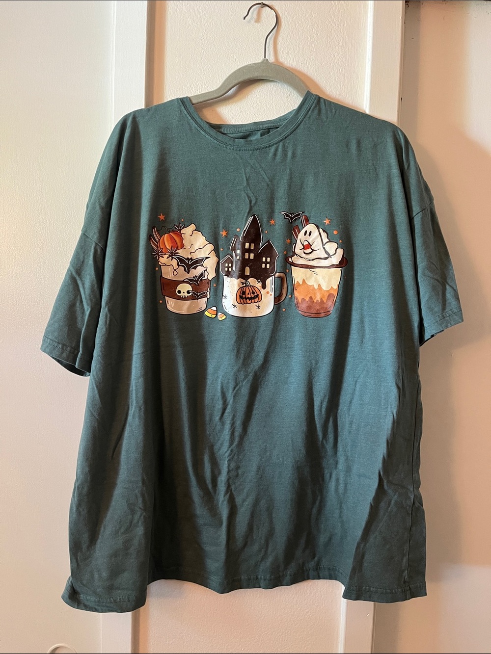 SHEIN Teal Halloween Mug Graphic Short Sleeve Tee